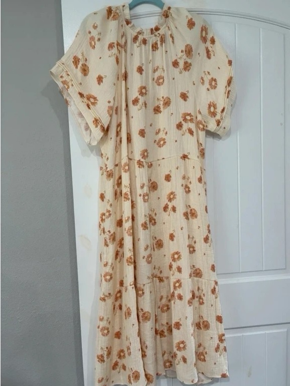 Cream Floral Midi Dress with Rust Daisy Print
